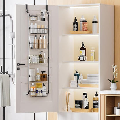Delamu Narrow Over the Door Pantry Organizer, 6-Tier Metal Pantry Door Organization and Storage for Easy Install, Hanging Spice Rack Seasoning Shelves for Cabinet & Kitchen, D5 x W13 x H50 inch, Black