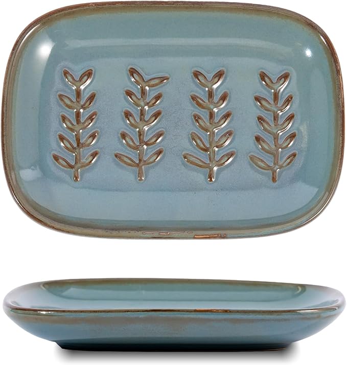 HighHerz Aesthetic Ceramic Soap Dish for Shower, Soap Holder with Raised Relief, Shower Soap Dish for Shampoo Bar Or Sponge, Soap Saver for Bathroom, Kitchen, Sink, Decorative Soap Tray (Blue)