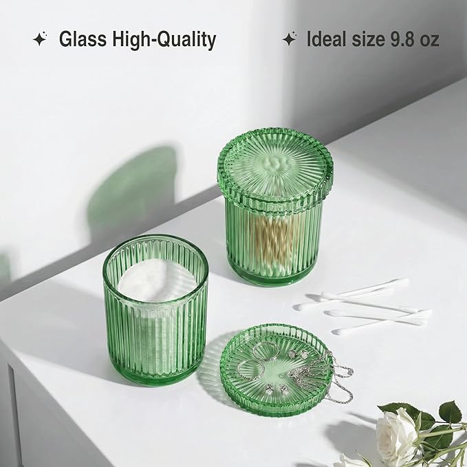 2 Pack Qtip Holder - Apothecary Jars with Lids, Bathroom Organizers and Storage Canister for Cotton Balls,Swabs,Floss Picks,Hair Ties,Clear Glass Vintage Bathroom Decor Jar Set (Green)