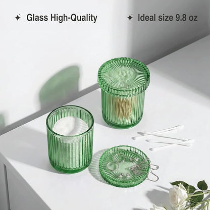 2 Pack Qtip Holder - Apothecary Jars with Lids, Bathroom Organizers and Storage Canister for Cotton Balls,Swabs,Floss Picks,Hair Ties,Clear Glass Vintage Bathroom Decor Jar Set (Green)