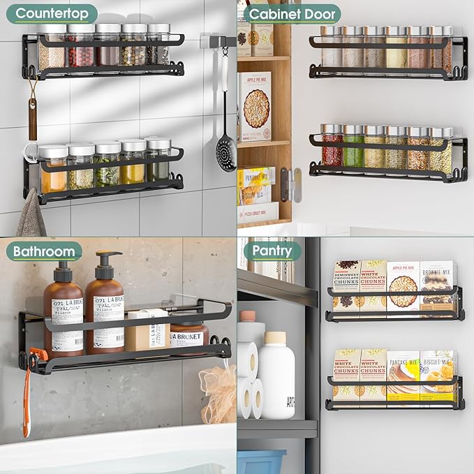 LUCYCAZ 2 Pack Wall Mounted Spice Rack with 8 Hooks, Spice Organizer Shelf for Stove Cabinet Pantry Door,Screw or Adhesive Spice Shelf Hanging Wall Spice Rack in Kitchen and RV (Black, 2 PACK)