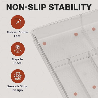 Masirs Expandable Utensil Drawer Organizer - BPA-Free Plastic Clear Silverware Tray with Multiple Compartments - Non-Slip Cutlery Storage for Kitchen, Bathroom, or Office Drawers (Clear)