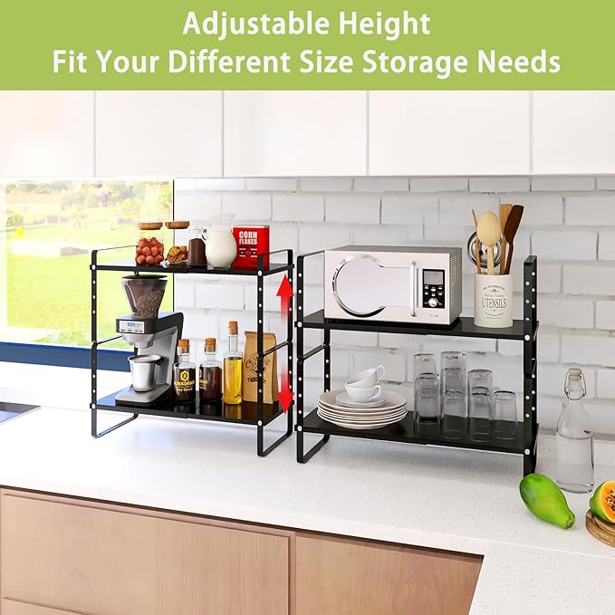 Across-Star Expandable Cabinet Shelf Organizer Rack, Stackable Kitchen Counter Storage Shelves Stand, Adjustable Height Pantry Shelf Spice Rack (Black, 1 Pack)