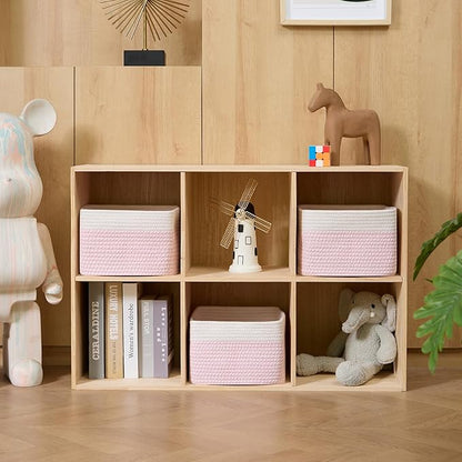 MiniArk Small Organizing Baskets for Cubes Shelf, 9.7x9.7x7.1 Inch Rope Woven Storage Bins for Nursery Shelves Storage, Cute Toy Basket, Square 3 Packs Off White Pink