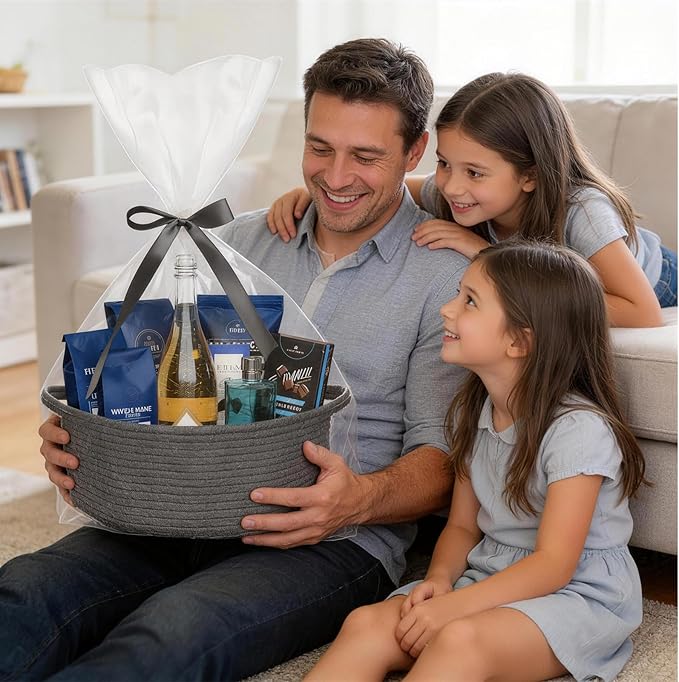 ShellKingdom Storage Basket with Handles, Empty Gift Basket with Gift Bags and Ribbon, Small Woven Baskets for Home, Nursery Storage Organizer, 12 X 8 X 5 INCH, Black