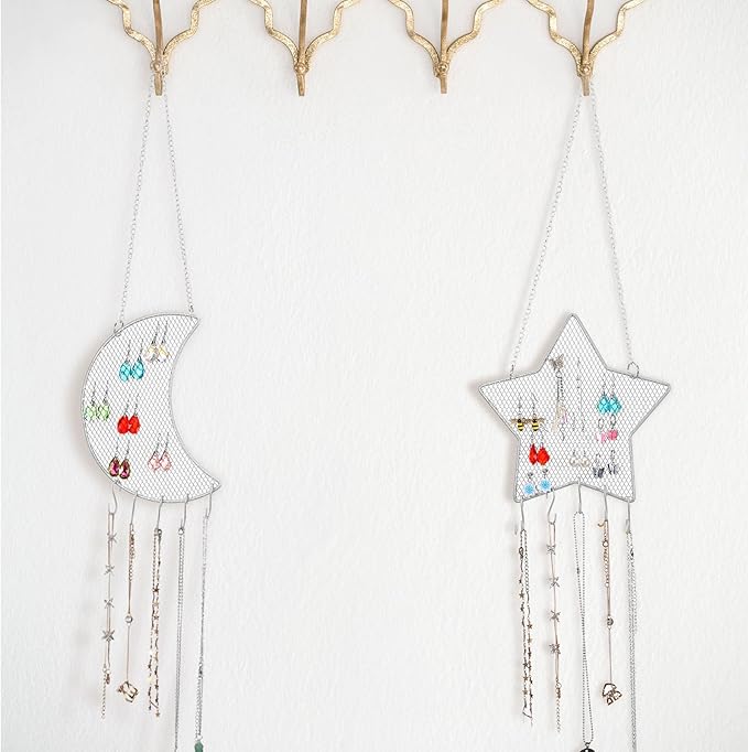 Jetec 2 Pcs Earring Wall Holder Wall Mounted Organizer Hanging Stand Decorative Diamond Grid Shape Jewelry Display Rack with Hanging Hooks for Earrings Necklace Bracelet(White)