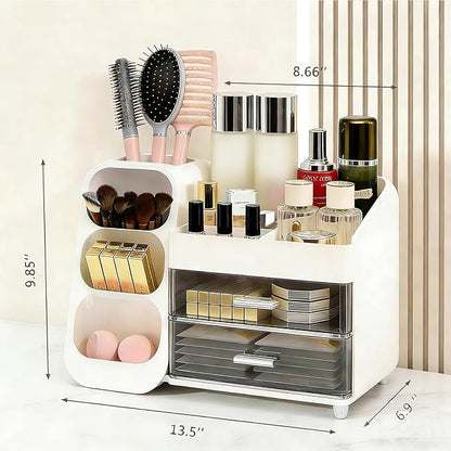 Makeup Organizer Countertop, Spacious Cosmetic Display Case with Makeup Brush Holder, Perfect Vanity Bathroom Organizer and Storage, White