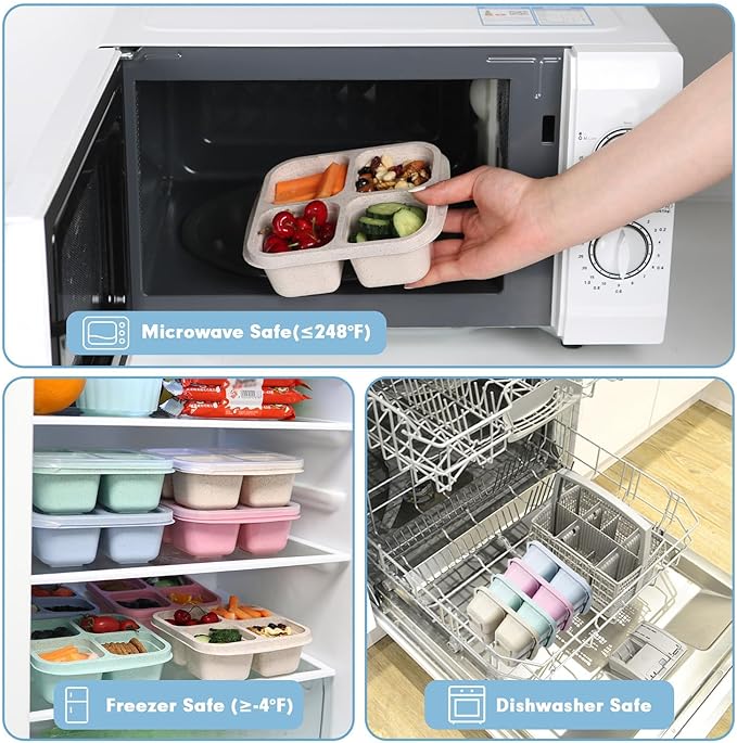 8 Pack Snack Box Container, 4 Compartments Bento Snack Containers for Organized Meal Prep, Reusable Divided Lunch Food Storage Containers for Work, Picnic– Microwave, Dishwasher, Freezer Safe