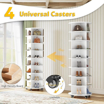 8 Tier Rotating Shoe Rack, Shoe Tower Organizer with 4 Universal Casters, Spinning Lazy Susan Display Storage Rack Round Carousel Vertical Handbag Closet (White, 23.6’’×23.6’’×74’’)