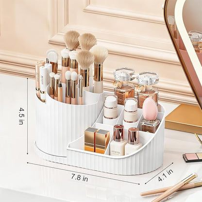 Anyoifax 360 Rotating Makeup Brush Holder Organizer with Divider 5 Slots Make Up Brushes Cup Flower-Shaped Spinning Pen Holder for Vanity, Cosmetics, Lipsticks, White