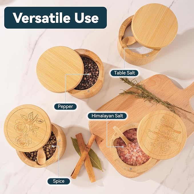 Timtopno Salt Cellar, 2PCS Salt Container Bamboo Salt and Pepper Box for Countertop with Built-in Spoon & Swivel Lid, Spice Seasoning Storage Bowl, Elegant Salt Holder (Rose & Bird Engraving)