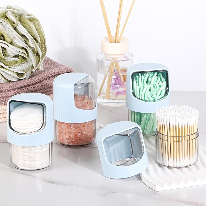 Tbestmax 4 Pack Rotating Qtip Holder Dispenser for Cotton Swabs, Makeup & Hair Accessories, Vanity Organizer with Canisters for Floss Picks, Cotton Balls, Bathroom Essentials Accessories Decor,Blue