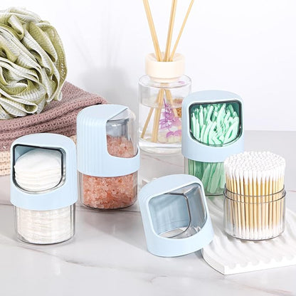 Tbestmax 4 Pack Rotating Qtip Holder Dispenser for Cotton Swabs, Makeup & Hair Accessories, Vanity Organizer with Canisters for Floss Picks, Cotton Balls, Bathroom Essentials Accessories Decor,Blue