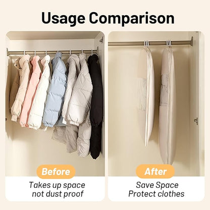 Space Saving Hanging Compression Garment Bag with Zipper for Closet Storage, Hanging Clothes Storage Bag, Garment Covers for Coats and Down Jackets, Beige, XL