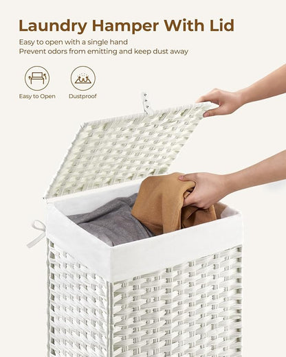 Greenstell Laundry Hamper with Lid, 60L Clothes Hamper with 2 Removable Liner Bags & 2 Mesh Bags, Handwoven Synthetic Rattan Basket, Toys in Bathroom, Bedroom White