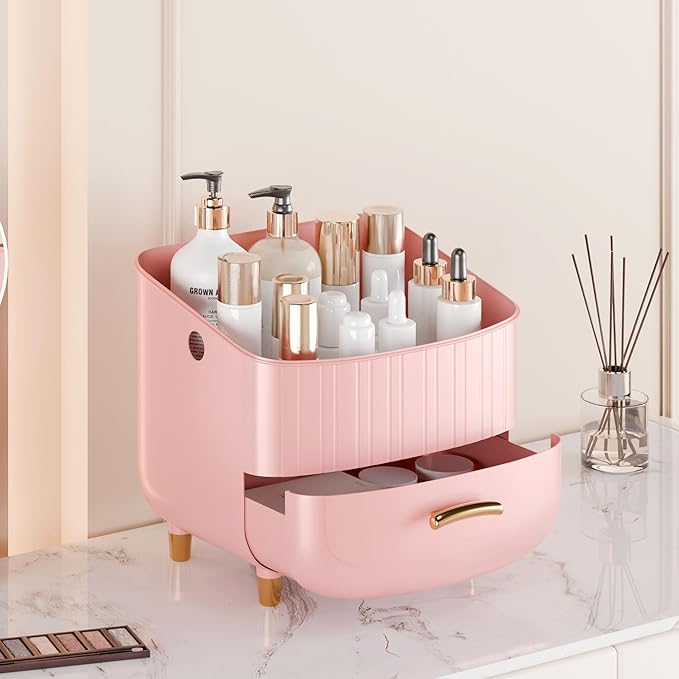 Makeup Organizer Countertop Vanity with Drawers Cosmetic Skincare Bathroom Storage Gift for Women Teens Girls (Pink)