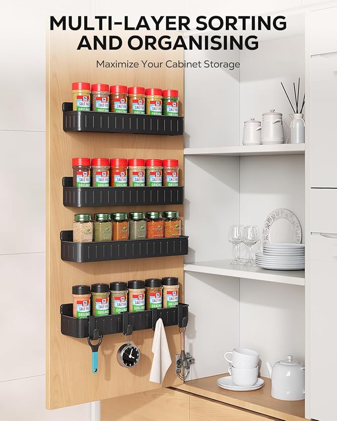 Nieifi Spice Rack Wall Mount, 4 Pack, Grey, 2 Inch Wide, Screw or Adhesive Installation, Spice Rack Organizer for Small Spice Jars, Suitable for Kitchen Cabinet or Pantry Door