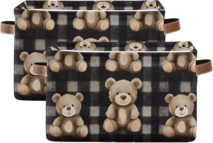 Large Storage Basket Bears Gingham Pattern Storage Bin Cube Canvas Fabric Organizer Handles Collapsible for Clothes Toys Bedroom Decorative