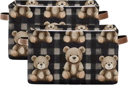 Large Storage Basket Bears Gingham Pattern Storage Bin Cube Canvas Fabric Organizer Handles Collapsible for Clothes Toys Bedroom Decorative