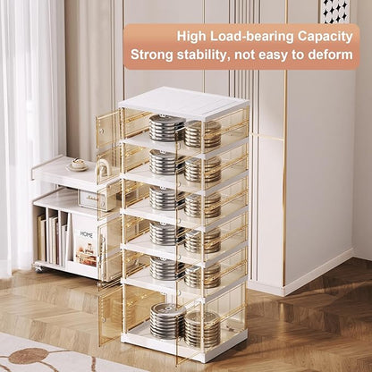 SYNCVIBE Shoe Rack Organizer for Closet Entryway Foldable Sneaker Storage Shoe, Collapsible Shoe Cabinet, Stackable Shoe Storage Cabinet with Lids for Living Room (6 Tiers -12 Pairs Transparent)