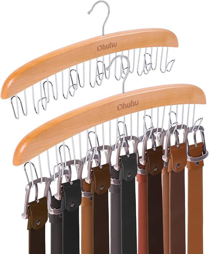 Belt Hanger Organizer for Closet: Ohuhu 2 Pack 12 Hooks Max 36 Belts Tie Rack Wooden Belt Holder for Storage 360 Degree Rotating Space Saver Organizer for Men Women Belt Tie Scarf-Burlywood