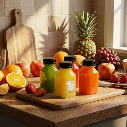 TOMNK 150pcs Juice Bottles with Caps, 4oz Plastic Containers with Lids Empty Reusable Clear Ginger Shots Bottles with Label, Funnel, and Brush Beverage for Juicing, Smoothies, Drinking, Fridge