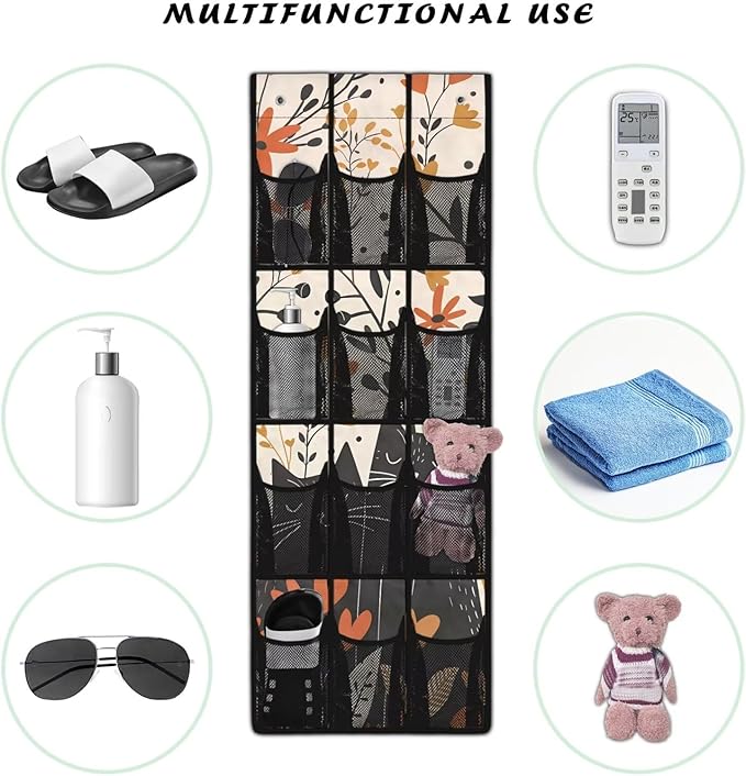Black Cat Over The Door Shoe Organizer 12 Pockets Wall Hanging Storage for Kids Room Rabbit Door Hanger Organizer Mesh Fabric Shoe Holder Hanger for BedRoom
