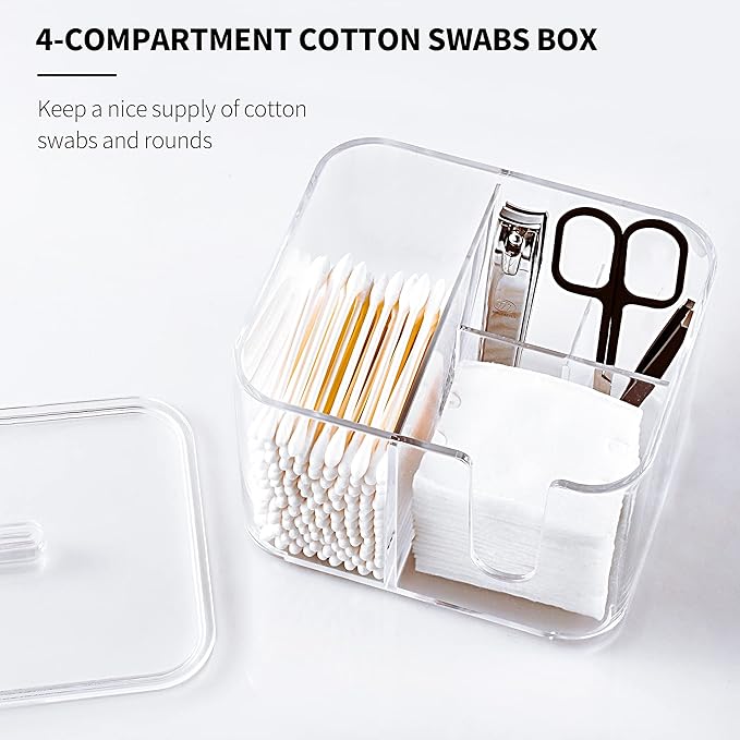 YOHOM Clear cotton ball and swab holder organizer with lid Bathroom Qtips Storage Container Box Plastic Cotton Round Pads Dispenser