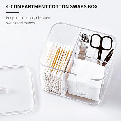 YOHOM Clear cotton ball and swab holder organizer with lid Bathroom Qtips Storage Container Box Plastic Cotton Round Pads Dispenser