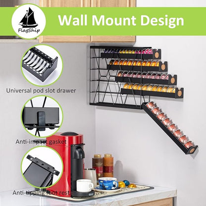 FlagShip 5-Tier Corner Coffee Pod Organizer for Nespresso Vertuo - 50+ Capsule Metal Storage, Space-Saving Kitchen Countertop Rack Wall Mountable