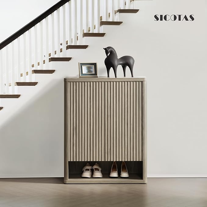 SICOTAS Shoe Cabinet 44 inch Tall Fluted Shoe Cabinet with Doors & 4 Shelves Wooden Large Hidden Shoe Storage Organizer Modern Free Standing 6-Tier Cabinet for Entryway Living Room Closet