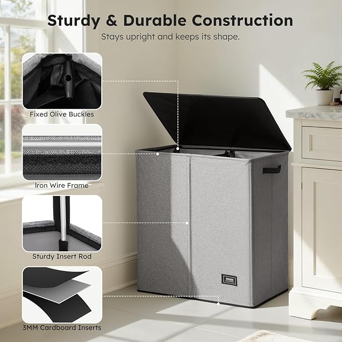 SOLEDI Large Double Laundry Hamper with Lid,165L Collapsible Clothes Hamper 2 section with Removable Bags, Space-Saving Laundry Basket for Bedroom, Dorm, College