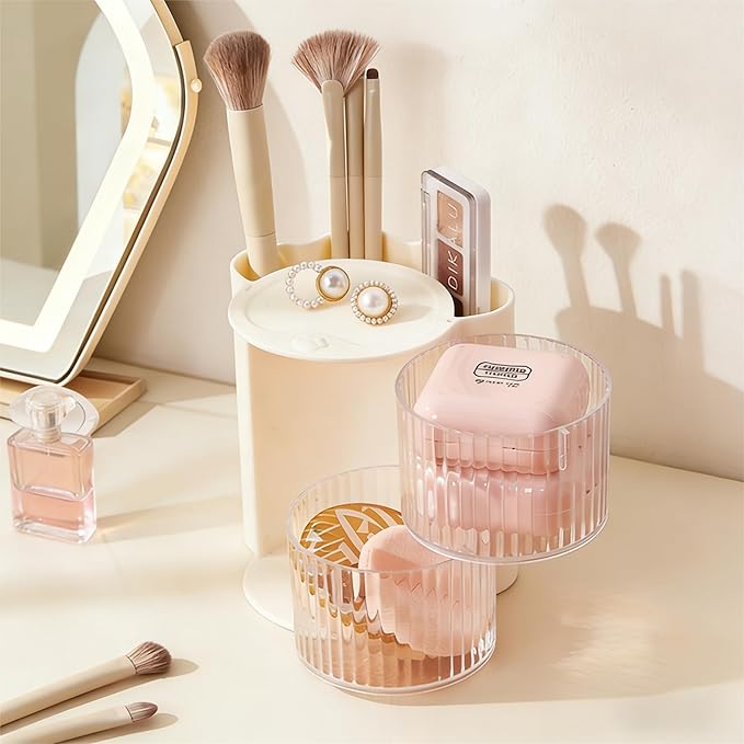 Hair Accessories Organizer with Hair Brush Holder, Rotatable Makeup Brush Holder for Necklaces, Earring, Bracelet, Ring, Makeup Brushes, Hair Clip and Hair Accessories (2 Layer Beige)