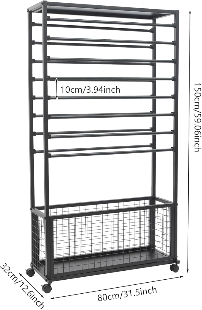 16-Tier Double-Sided Ribbon Holder Organizer Rack with Storage Basket & Wheels, Multifunctional Flower Wrapping Paper Display Stand for Craft Rooms, Flower Shops (Black, 31.5''W x 12.6''D x 59.06''H)