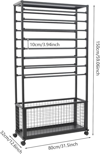 16-Tier Double-Sided Ribbon Holder Organizer Rack with Storage Basket & Wheels, Multifunctional Flower Wrapping Paper Display Stand for Craft Rooms, Flower Shops (Black, 31.5''W x 12.6''D x 59.06''H)
