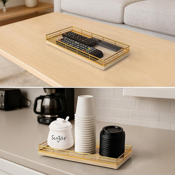 Bathroom Vanity Tray for Countertop, 12" x 6" Oak Wood Toilet Tank Tray with Metal Guardrail, Bathroom Organizer for Soap, Perfume & Skincare, Non-Slip Decorative Tray for Dresser, Gold & Natural Oak