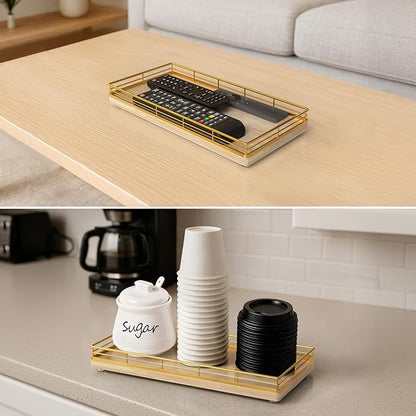 Bathroom Vanity Tray for Countertop, 12" x 6" Oak Wood Toilet Tank Tray with Metal Guardrail, Bathroom Organizer for Soap, Perfume & Skincare, Non-Slip Decorative Tray for Dresser, Gold & Natural Oak