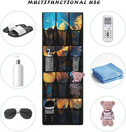 Butterfly Sunflower Over the Pantry Door Organizer - 12 Clear Pockets for Spices, Utensils, Snacks