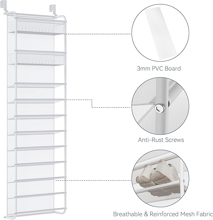 Whitmor 27 Pair Over The Door Shoe Organizer, 11 Tier Hanging Shoe Organizer, Heavy Duty Metal & Mesh Shoe Holder, Hanging Shoe Rack for Closet Organizer & Storage,79.9"L x 21.7"W x 7.5"H, White