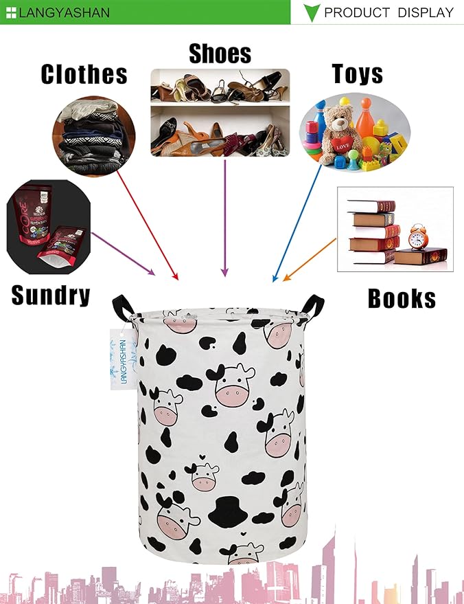 Storage Bin, Canvas Fabric Collapsible Organizer Basket for Laundry Hamper,Toy Bins,Gift Baskets, Bedroom, Clothes,Baby Nursery (Spotted Cow)