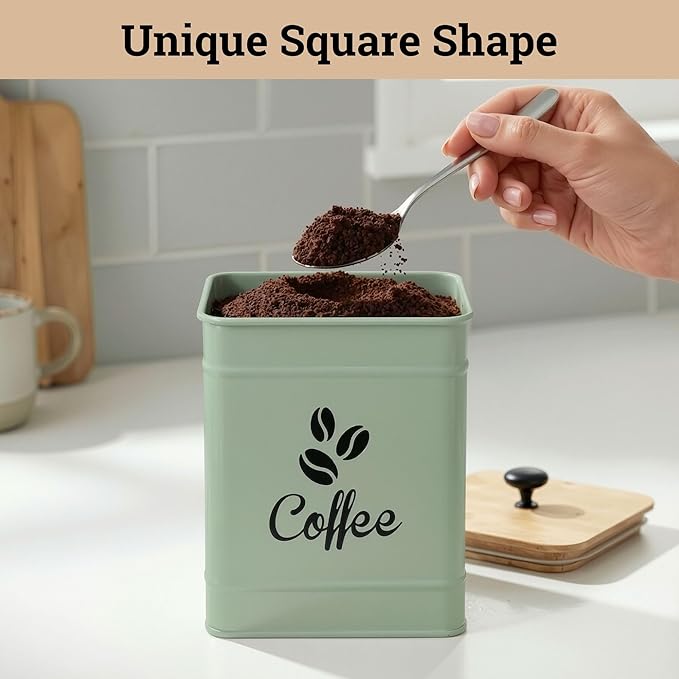 Airtight Coffee Canister - 40 oz Large Iron Sage Green Container Airtight - 6 x 8 inch Metal Jar - Stylish Countertop Container for Coffee Grounds, Beans & Pods with Rubber-Lined Bamboo Lid