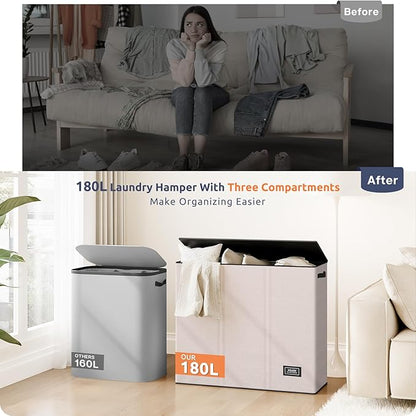 SOLEDI 180L 3-Section Laundry Hamper with Lid, Extra Large Dirty Clothes Basket with Sturdy Handles for Laundry Room & Bedroom - Durable Organizer for Sorting Laundry