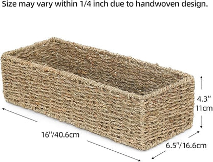 [2-Pack] Seagrass Storage Baskets, Rectangle Wicker Containers, Wicker Toilet Basket Tank Topper, Handwoven Natural Storage Baskets for Shelves, Bathroom, Bedroom (16" x 6.5" x 4.3")