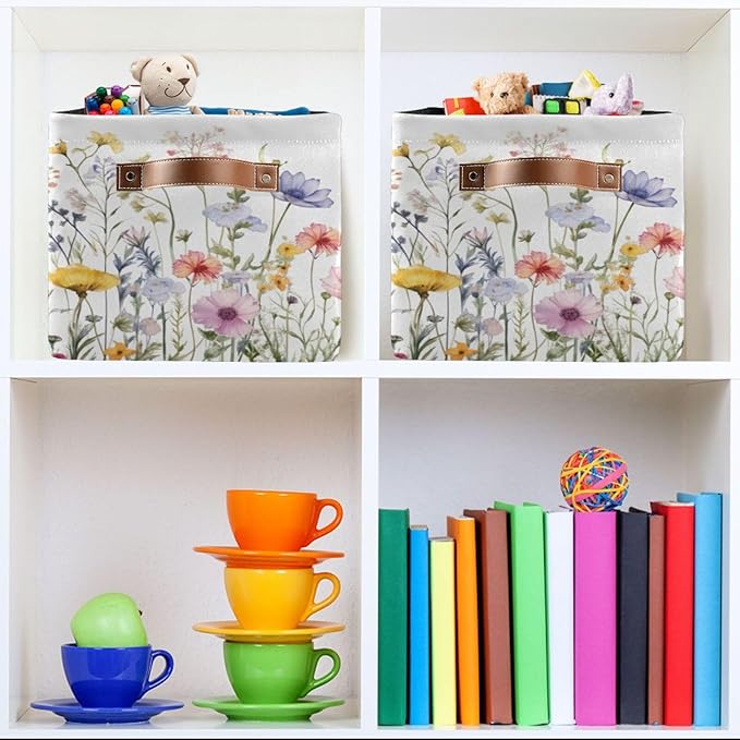 YETTASBIN Herbal Wildflowers Storage Basket 1pc, Large Collapsible Toys Clothes Organizer, Durable Canvas Storage Bin with Handle for Shelves Closet Laundry Home Office Decor