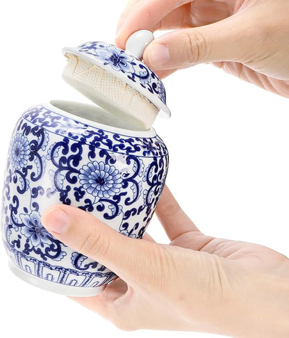 Okllen Set of 3 Small Blue and White Porcelain Salt Cellar with Airtight Lid, 250ml/ Approx. 1 Cup Sugar & Salt Crock Container Ceramic Spice Jar for Kitchen Countertop