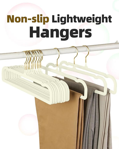Velvet Pant Hangers, 20pcs Heavy Duty Felt Trouser Hangers for Women and Men, 35cm(L) Slim Adult Clothes Hanger with 360° Swivel Hook, Flocked Jean Hangers for Shorts, Dress (White-Golden)
