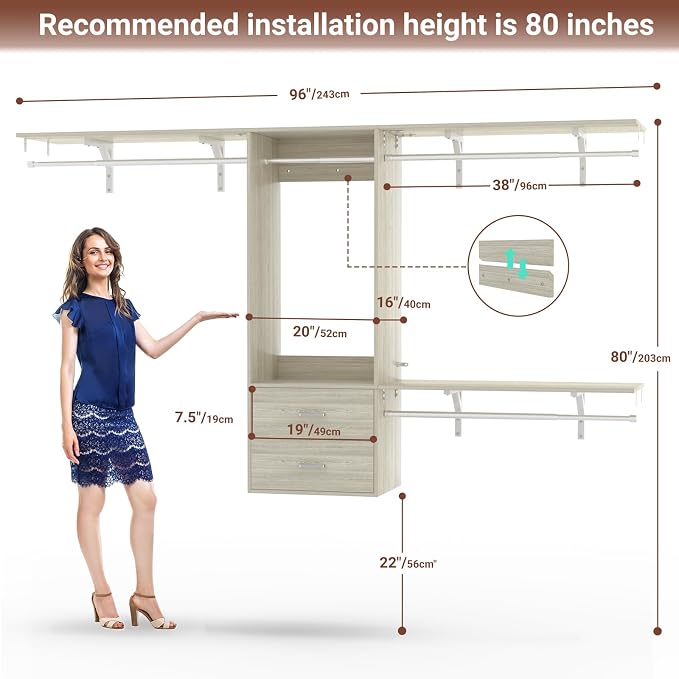 96 Hanging Closet System with 2 Wooden Drawers, 75"–87" Height Adjustable Closet Organizer System with Tower, 4-8FT Custom Closet Shelving System, Wall-Mounted Walk-In Closets Wardrobe, White Oak