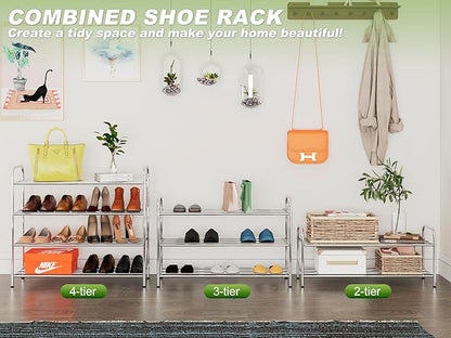 4-Tier Expandable Shoe Rack – Adjustable Heavy Duty Organizer Shelf | 100% Stainless Steel & 4-Rod Stretchable | Small Space Shoe Rack for Closet Entryway (15" to 27", Silver)
