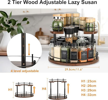 Turntable Lazy Susan Organizer Spice Rack, 2Tier Wooden Spinning Revolving Organizer Height Adjustable,12'' Seasoning Rotating Spice Rack for Cabinet,Kitchen Countertop,Dining Table,Vanity Storage