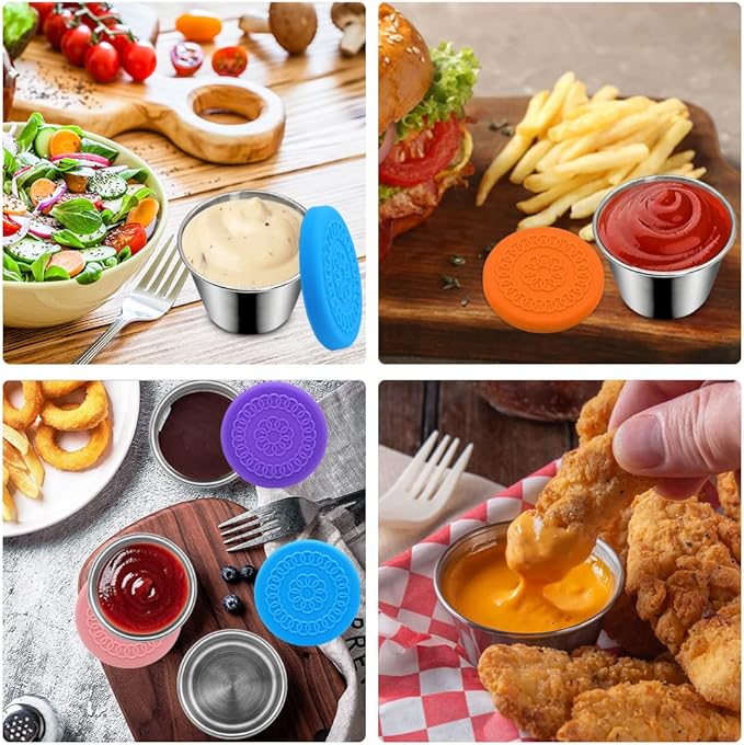 6Pack 2.4oz Salad Dressing Container To Go, Small Stainless Steel Condiment Containers with Silicone Lids, Leakproof Reusable Dipping Sauce Cups for Lunch Box